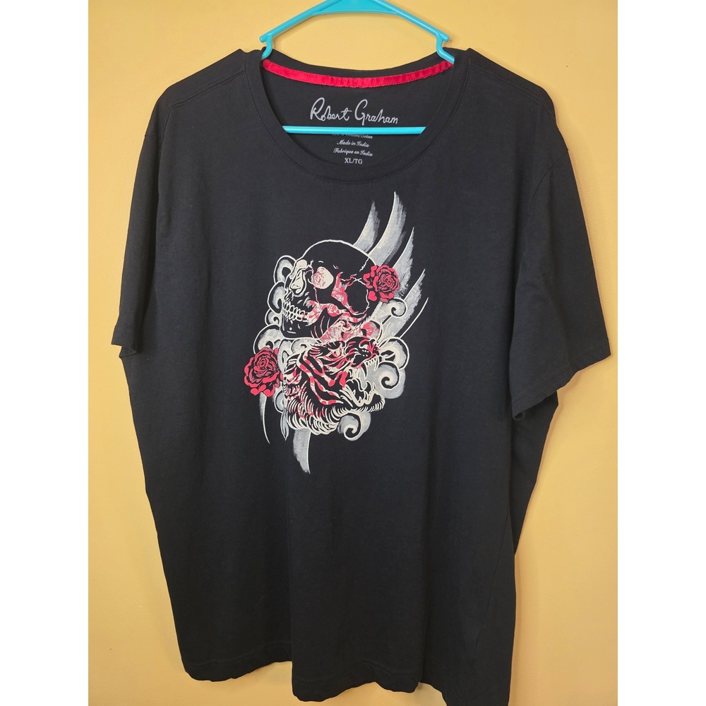 Robert Graham Mens XL T-Shirt Black Skull Rose Tiger Graphic Cotton Crew Neck